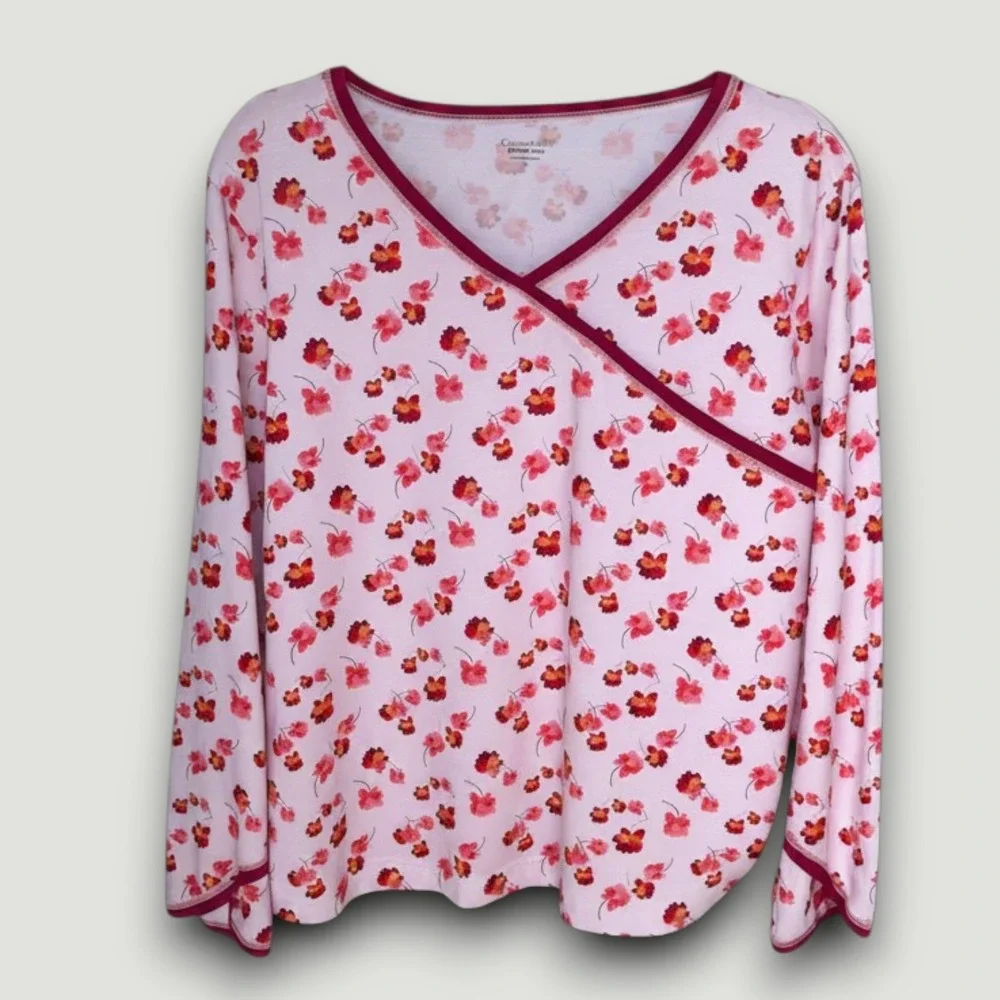 Garnet Hill Pajama Top Womens M Pink Floral Green Cotton Excellent V-Neck